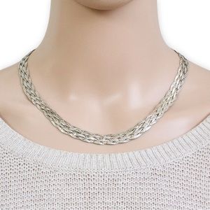 Vintage Italian Sterling Silver Braided Herringbone Chain Necklace Wide 18”